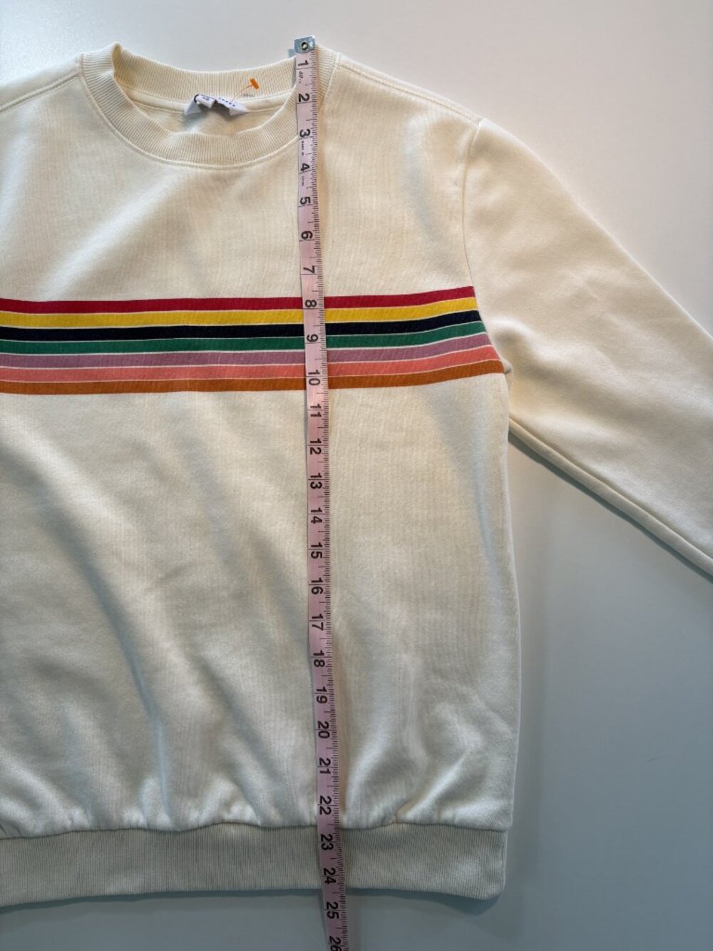 Retro Rainbow Stripe Sweatshirt Cream XS Vintage Style Cozy Pullover - Picture 5 of 7